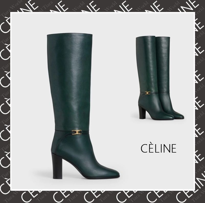 CELINE□TRIOMPHE CLAUDE カーフスキン ロングブーツ グリーン (CELINE