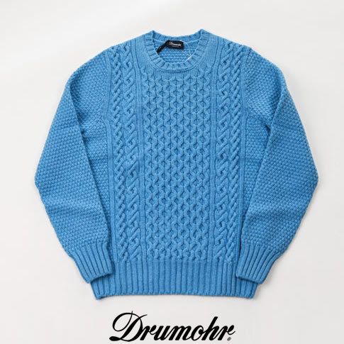 DRUMOHRドルモア ケーブル編みニットクルー アランセーター 水色