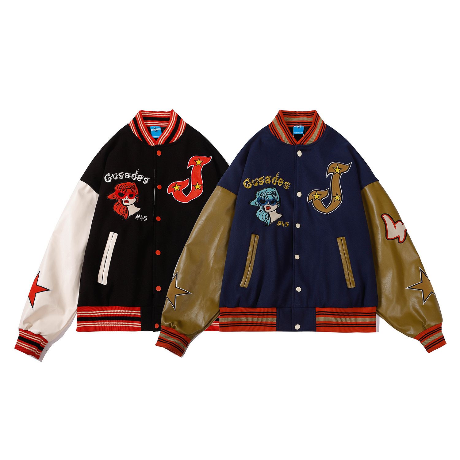 ユニセックス スタジャン 刺繍ステッチ PUレザー アウター (スタジャン