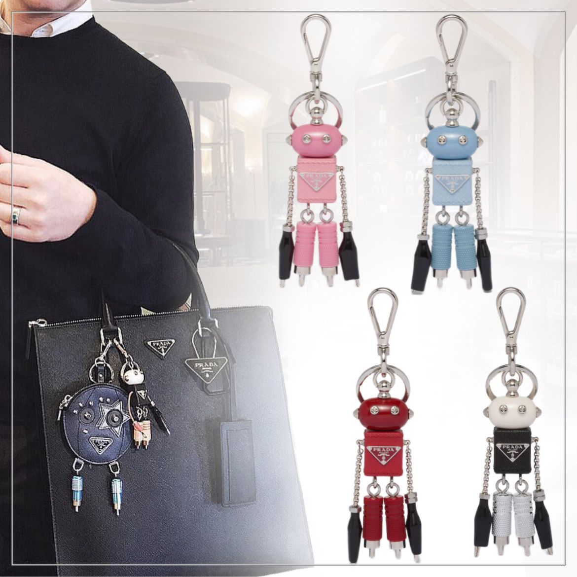 大人気ギフト PRADA◇サフィアーノレザー ロボットキーホルダー (PRADA