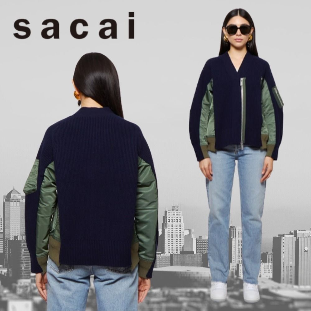 sacai】Nylon Twill x Cotton Knit ドッキング カーディガン (sacai