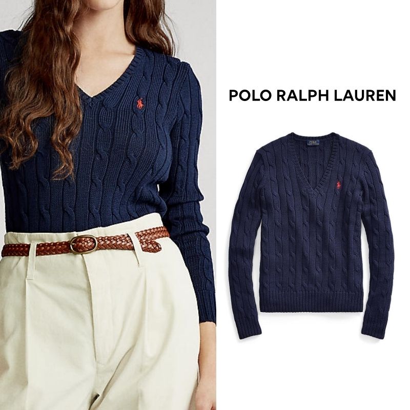 POLO R.LAUREN] レディース ケーブルニット Vネック ネイビー (POLO