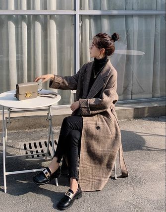 韓国 ウールコート チェック柄 ロングコート フレンチ ブラウン
