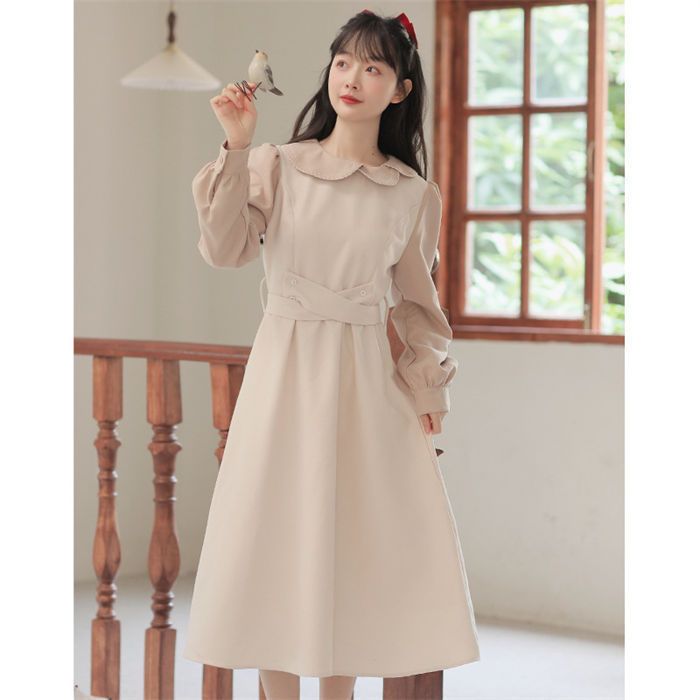 ワンピース レトロ 2色 S-L 長袖 ひざ丈 無地 韓国 7836 (ワンピース