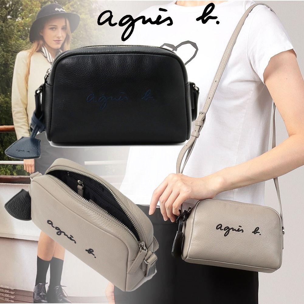 アニエスベー】上品！ロゴ刺繍入り レザーショルダーバッグ (Agnes b