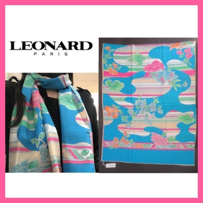 即発 LEONARD レオナール スカーフ ストール 花柄 シルク ブルー