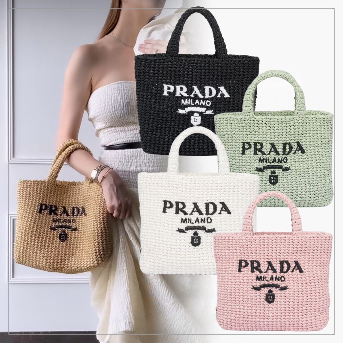 大注目】PRADA◇ラフィア メッシュ編み スモール トートバッグ (PRADA