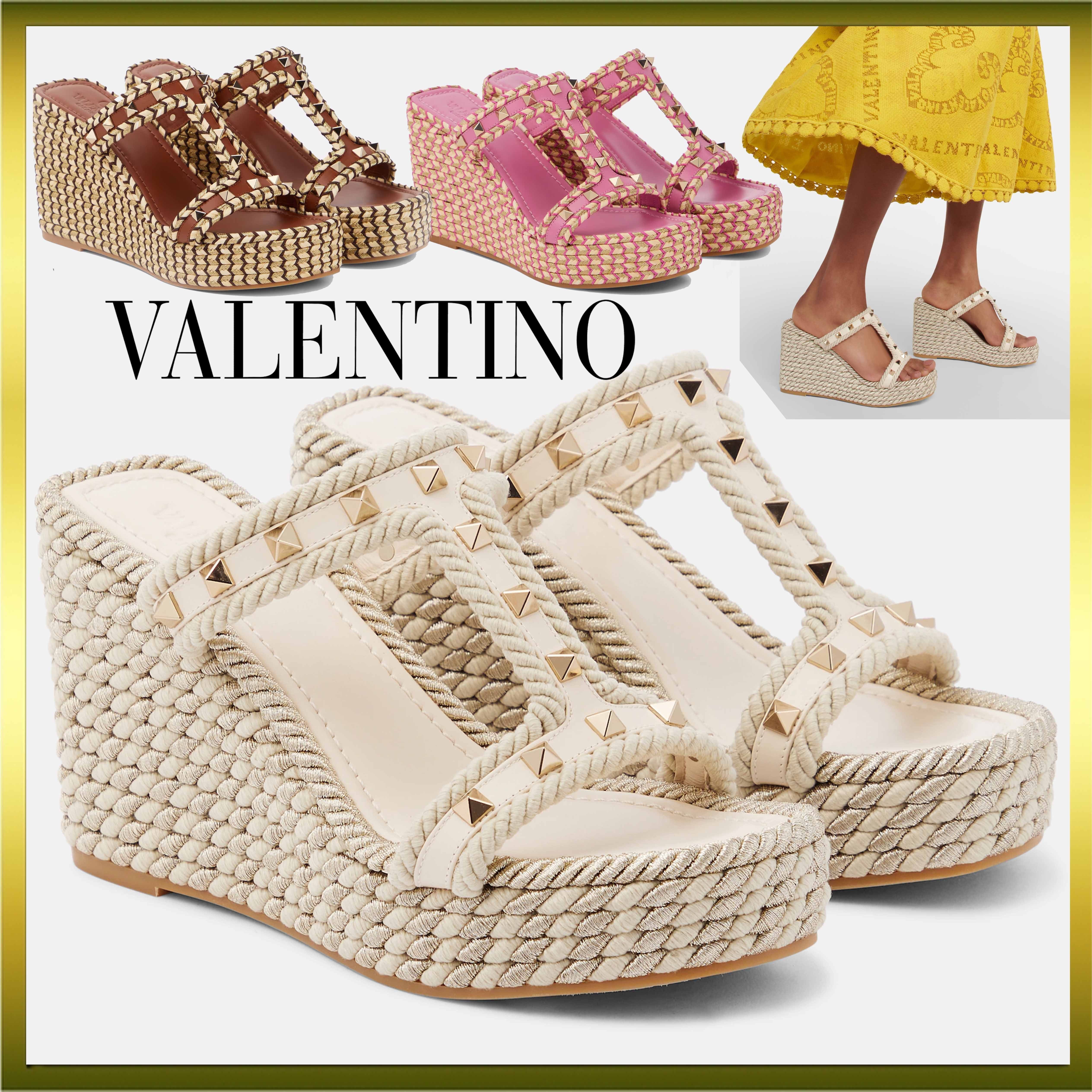 関送込】VALENTINO ロックスタッズ レザー ウェッジ サンダル
