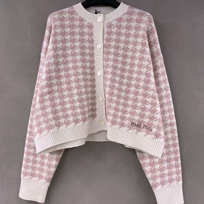 ☆MiuMiu☆カシミア ウール カーディガン 千鳥格子 ロゴ入り (MiuMiu