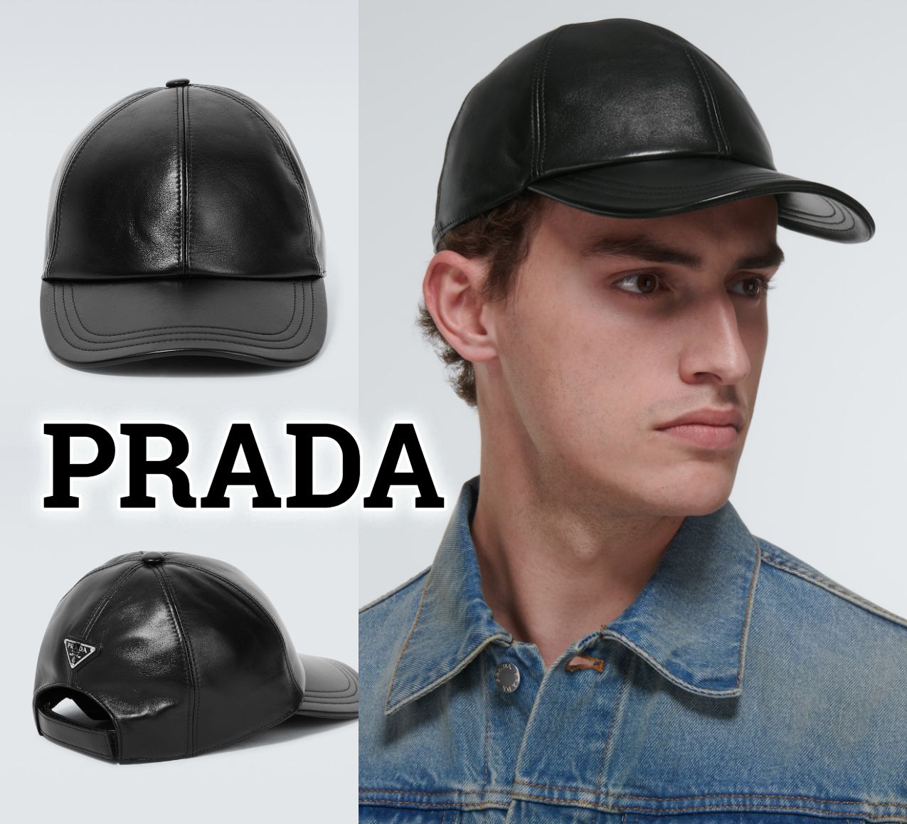 PRADAトライアングルロゴプレート付レザーベースボールキャップ (PRADA