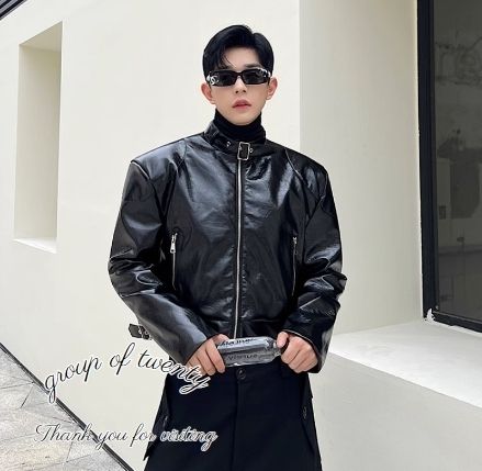 バックル スタンドカラー ライダースジャケット 黒 韓国 693