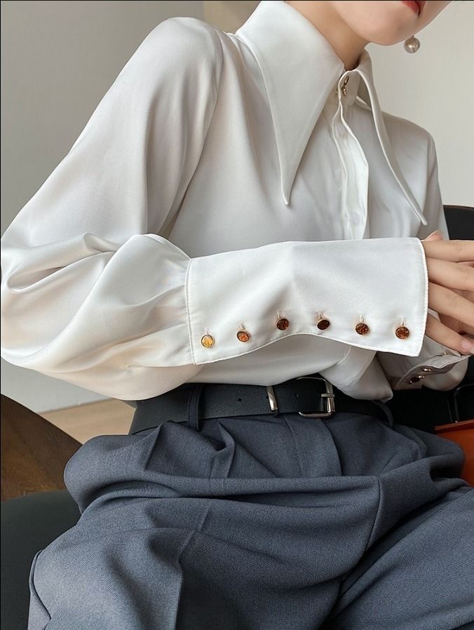 ロングカフスシャツ美カフスボタン萌え襟サテンシャツ (ブラウス