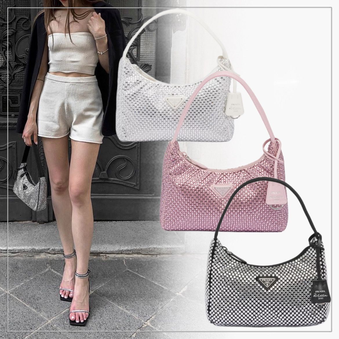 話題】PRADA◇サテン ラインストーン ミニホーボーバッグ ロゴ (PRADA