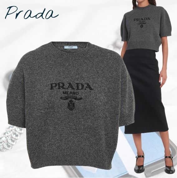 ☆新作☆PRADA☆ロゴ半袖ウールカシミヤニット グレー (PRADA/ニット