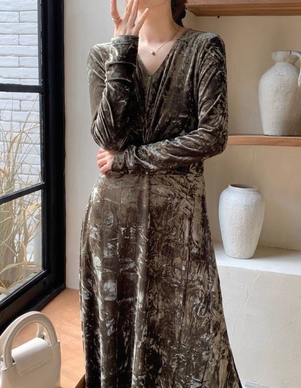 ベロアワンピース フォーマル ロング フレア韓国系2色[g865