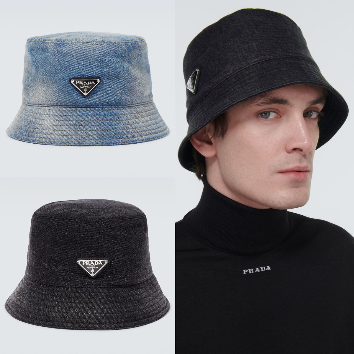 PRADA＊ロゴプレート付きコットンデニムバケットハット (PRADA/ハット