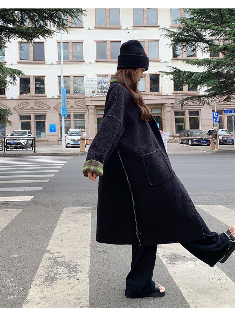 チェック柄 ロングコート リバーシブル カジュアル 韓国 b5266 (コート