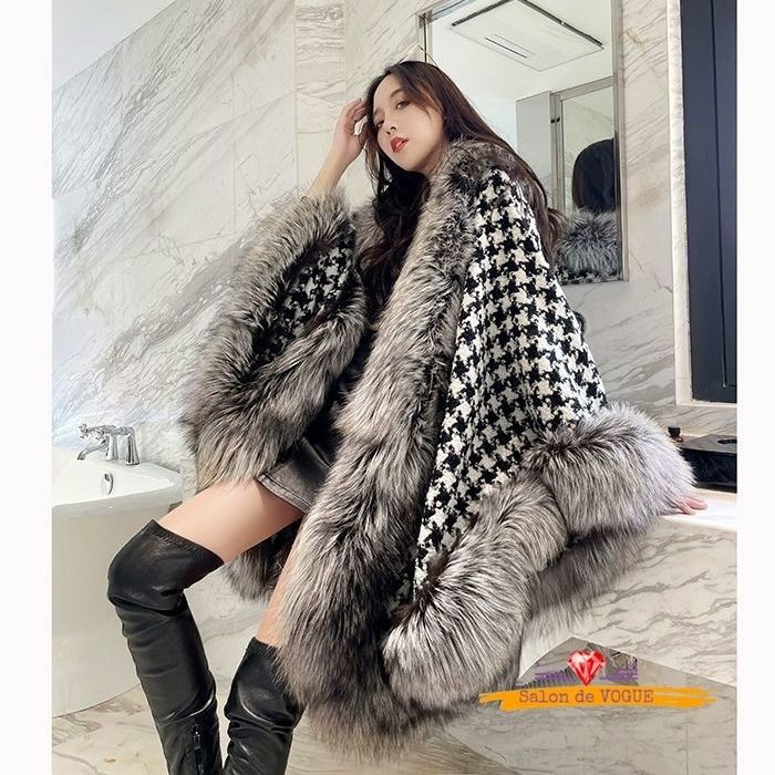 ケープコート マントコート 千鳥格子 フェイクファー エレガント