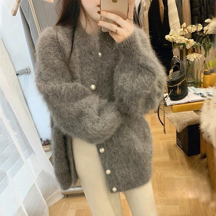 ファーカーディガン ファー 前ボタン パール グレー エレガント