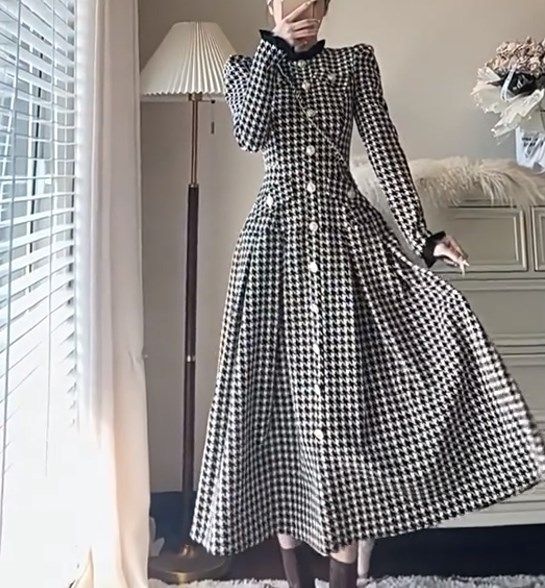 千鳥格子ワンピース フレア スタンド襟 フォーマル 韓国系 g1828
