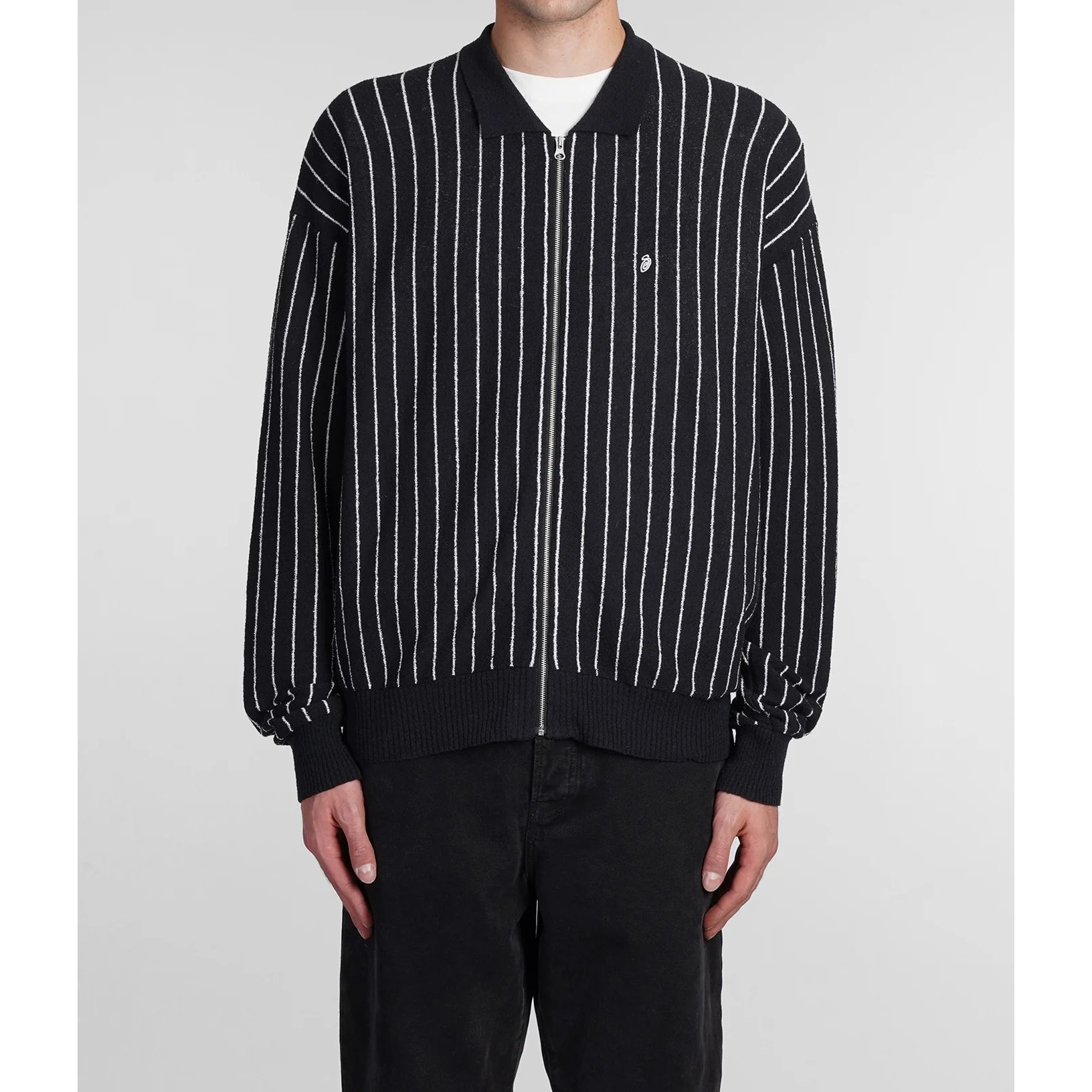 STUSSY】ストライプ ニット ジップ ポロ Black 送料関税込 (STUSSY