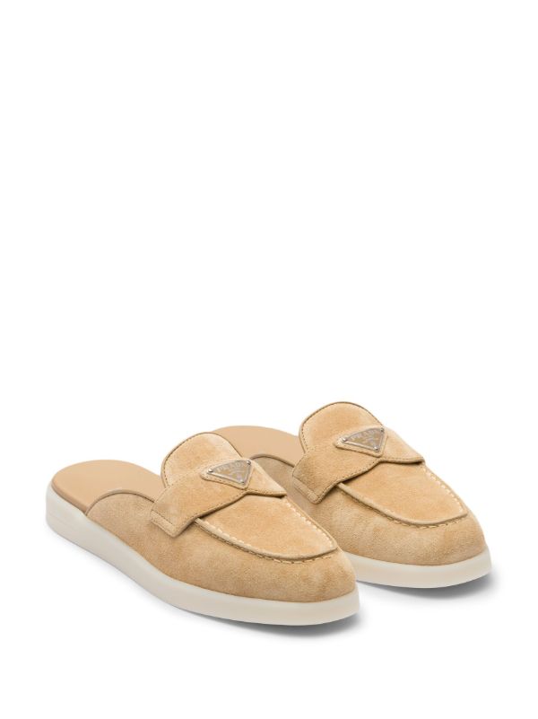 Prada logo-plaque Suede Mules | Neutrals | FARFETCH