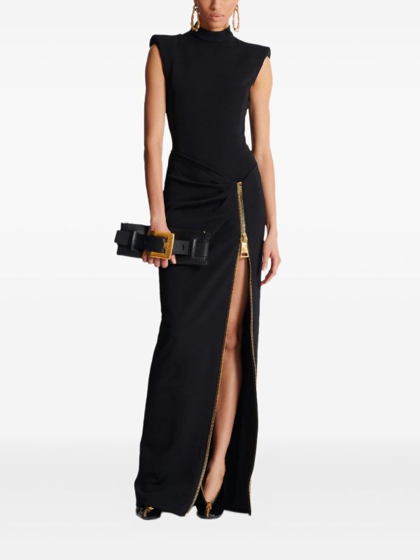 Balmain zip-detail shoulder-pad Maxi Dress | Black | FARFETCH