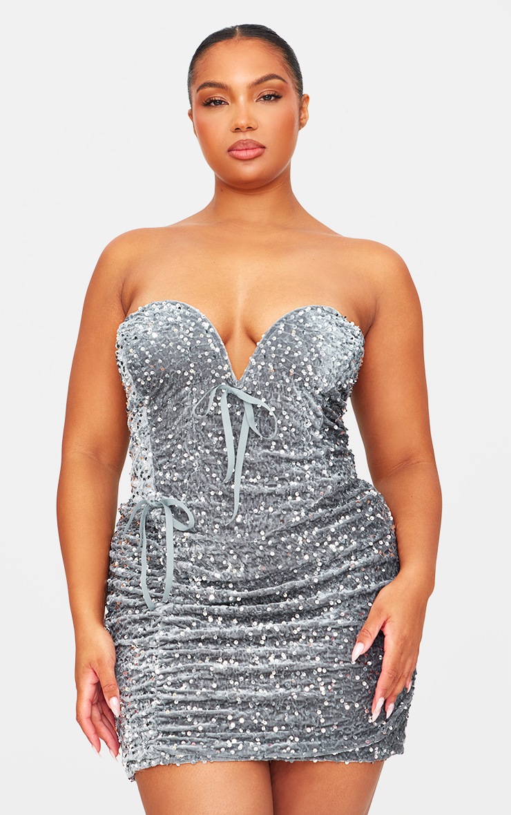 Plus Grey Sweetheart Neckline Velour Sequin Dress | Plus Size