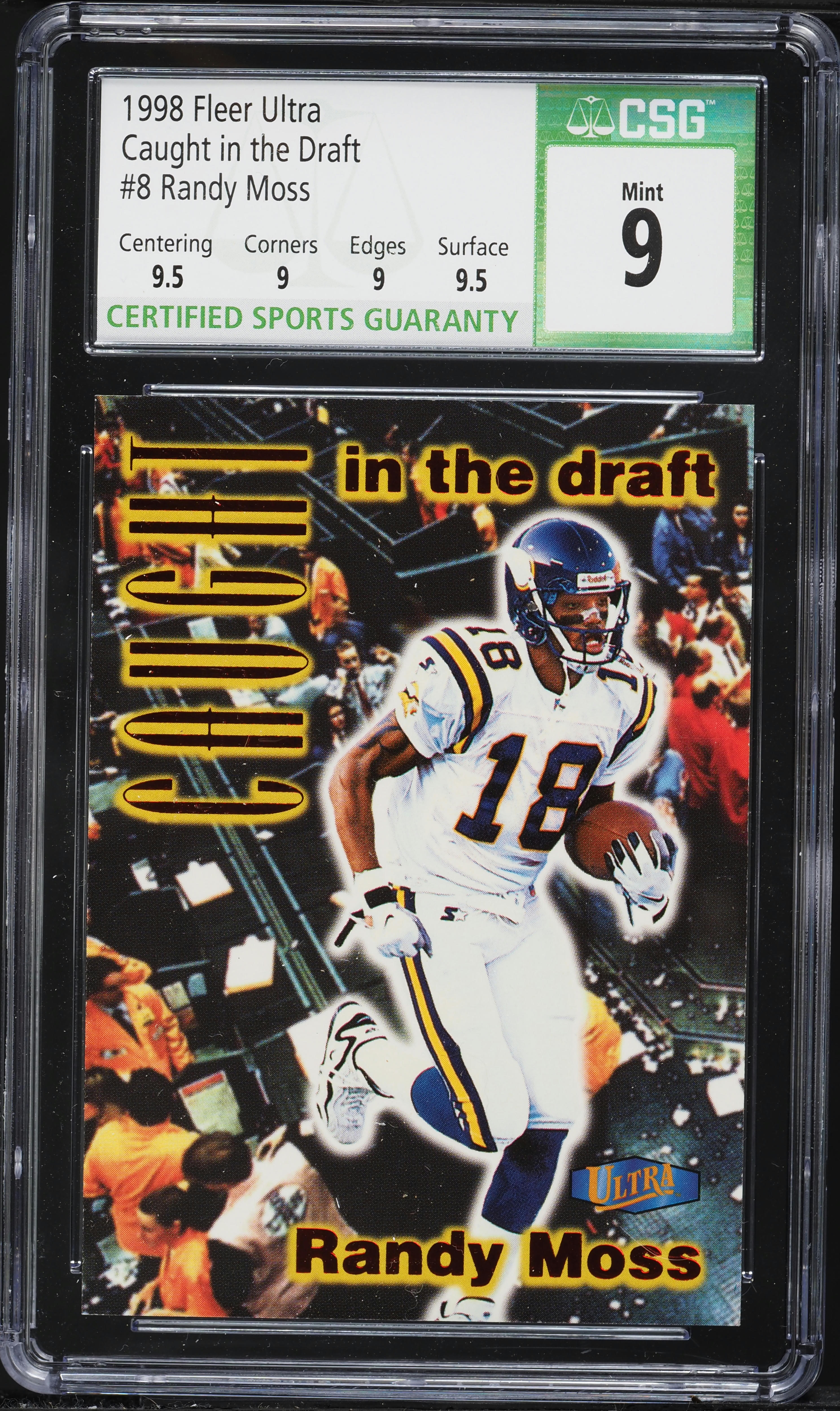 1998 Ultra Caught In The Draft Randy Moss ROOKIE #8 CSG 9 MINT on