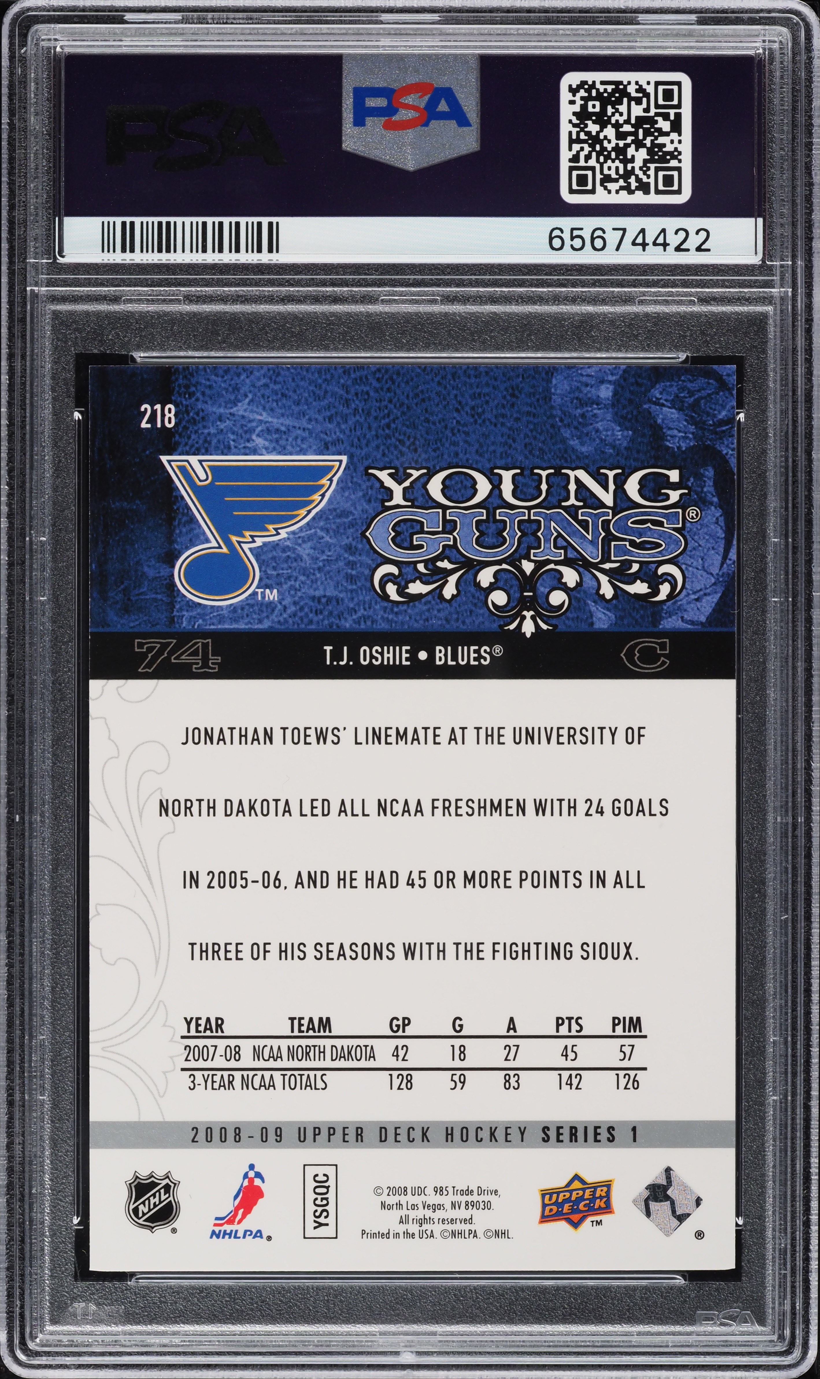 2008 Upper Deck Young Guns T.J. Oshie ROOKIE #218 PSA 10 GEM MINT