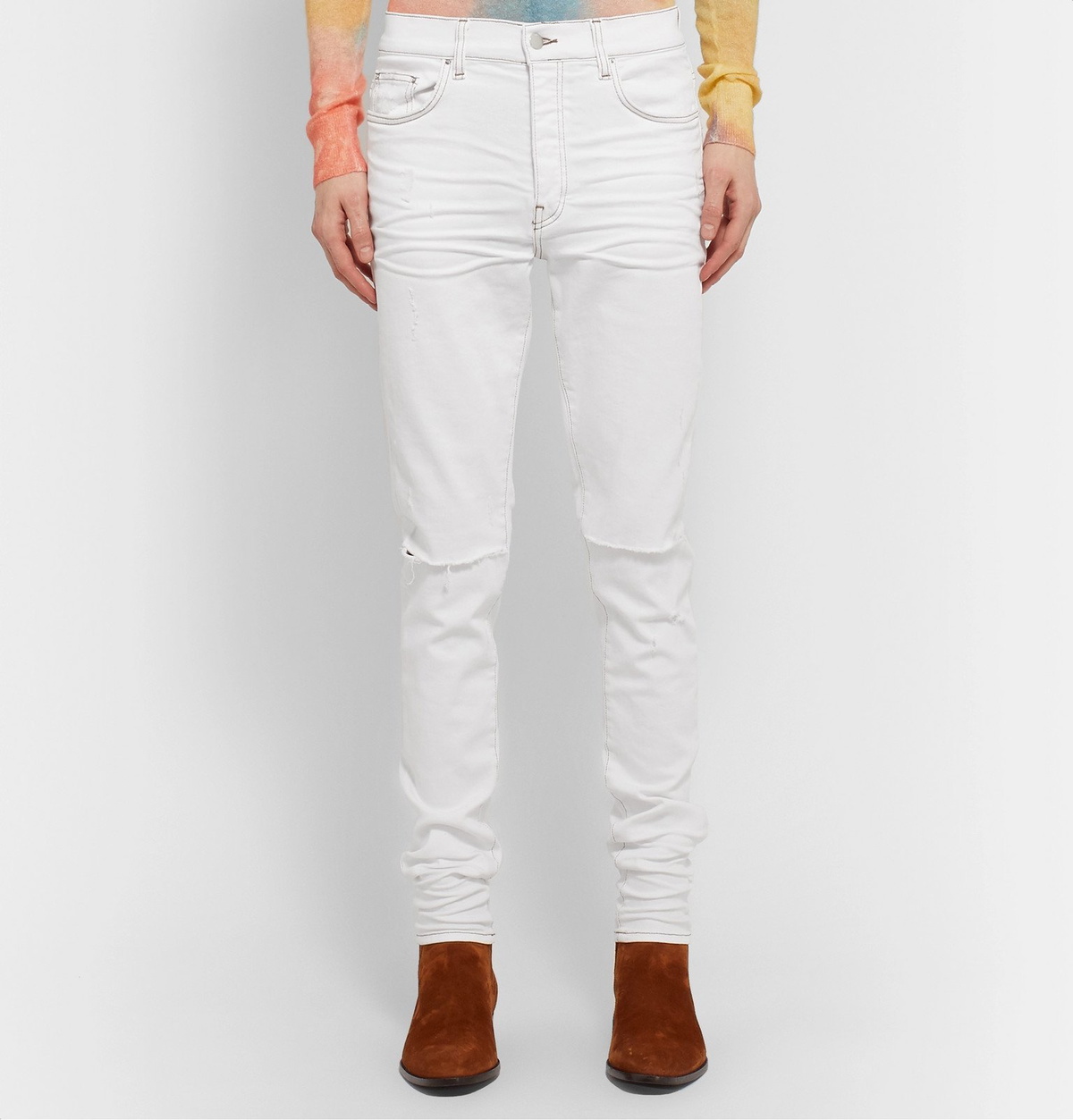 AMIRI - Slash Skinny-Fit Distressed Stretch-Denim Jeans - White Amiri