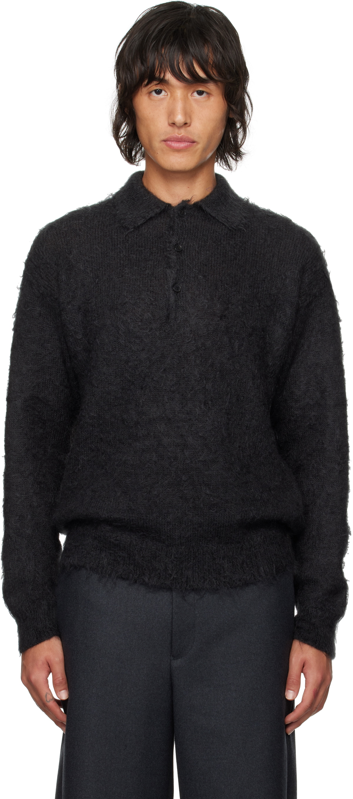 AURALEE Black Brushed Super Kid Mohair Knit Polo Auralee