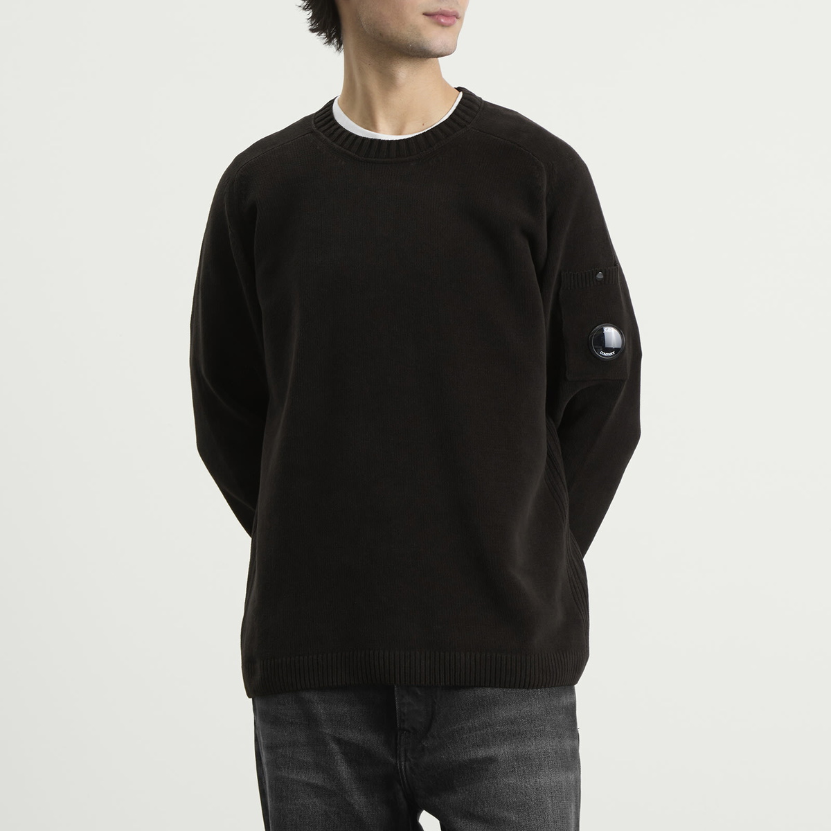 C.P. Company Men's Cotton Chenille Crewneck Lens Sweater in Black