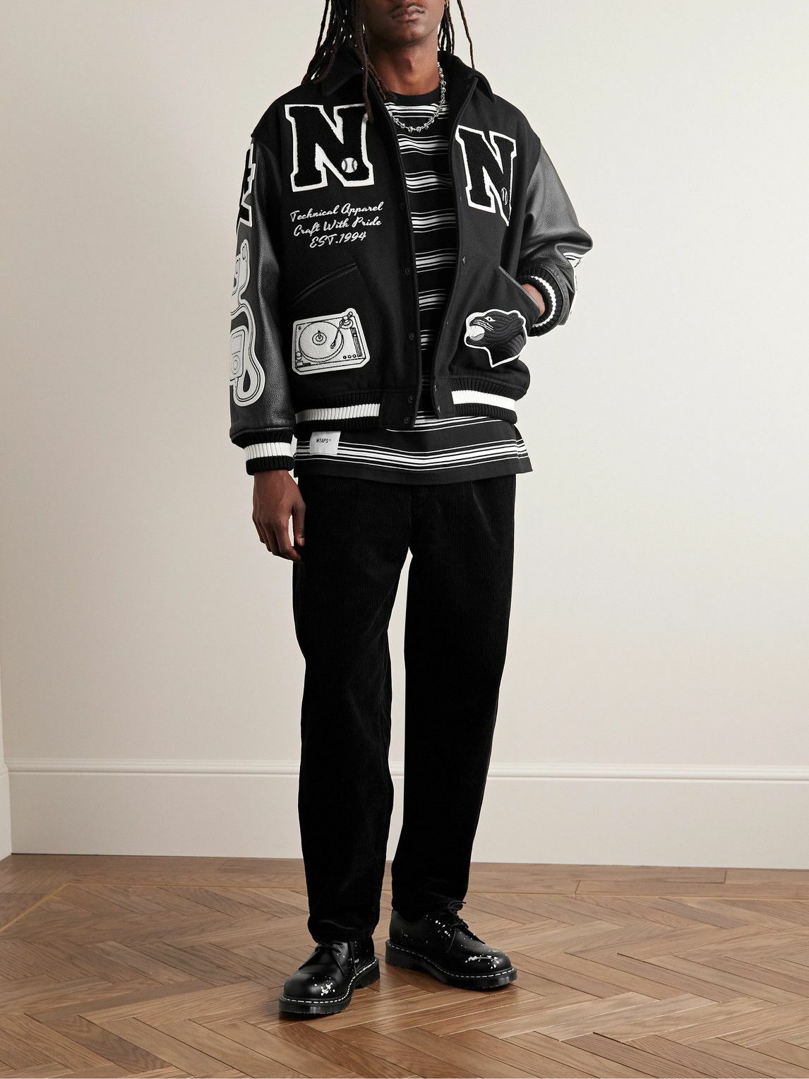 Neighborhood - Stadium Appliquéd Wool-Blend and Leather Varsity
