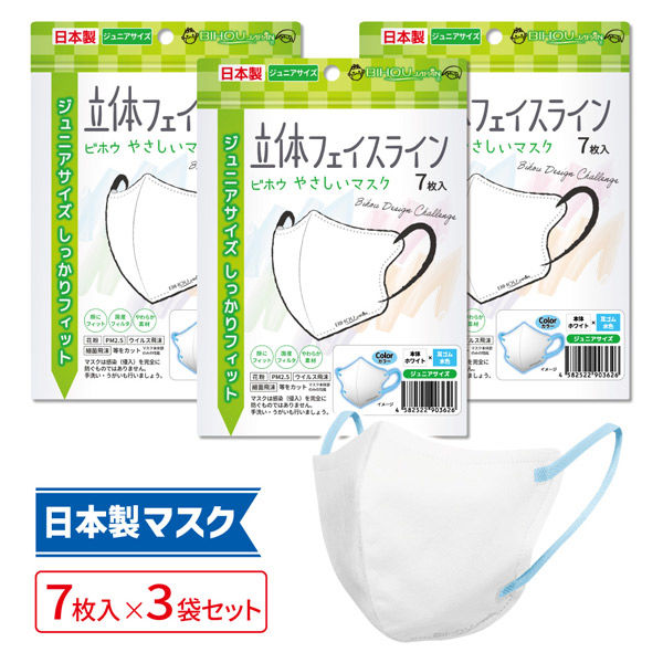 立体フェイスラインマスク 7枚入 ジュニア 白×水色 3袋セット RFK-WS