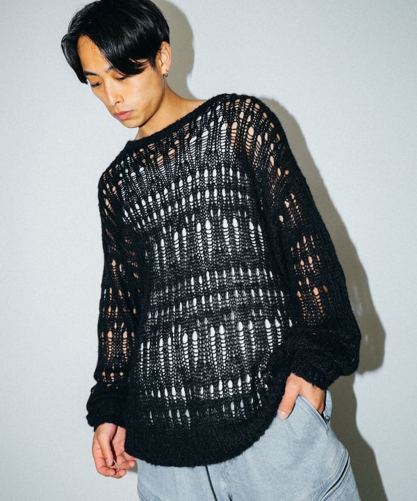 BEAMS 3 gauge crochet crew neck knit (tops BEAMS knitwear