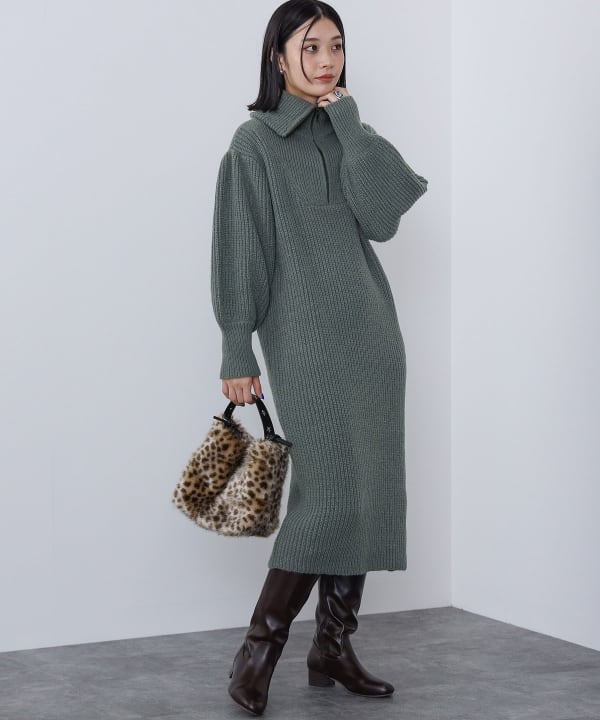 BEAMS HEART（ビームス ハート）ハーフジップ 畦編み ニットワンピース