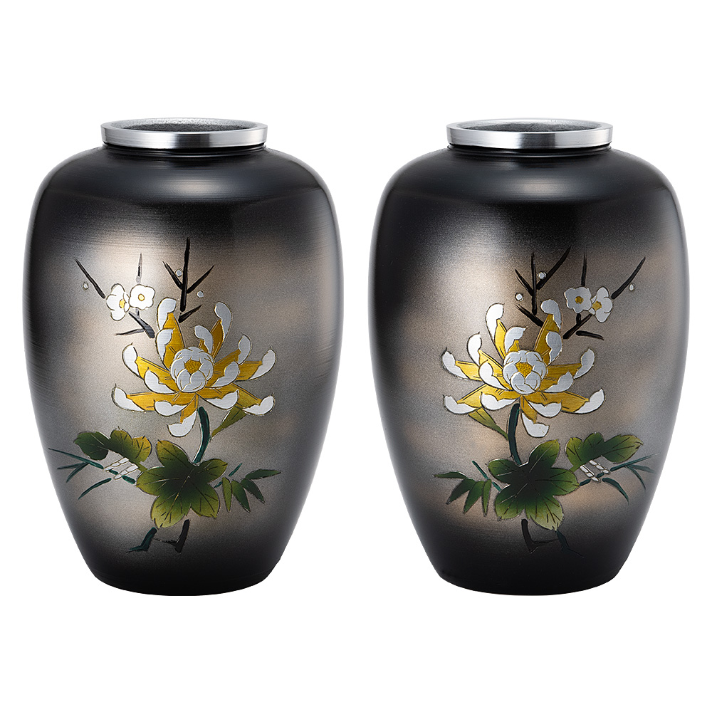 仏壇用花瓶・お盆用花瓶 アルミ製 太夏目型 菊四君子彫金入り (一対) 8