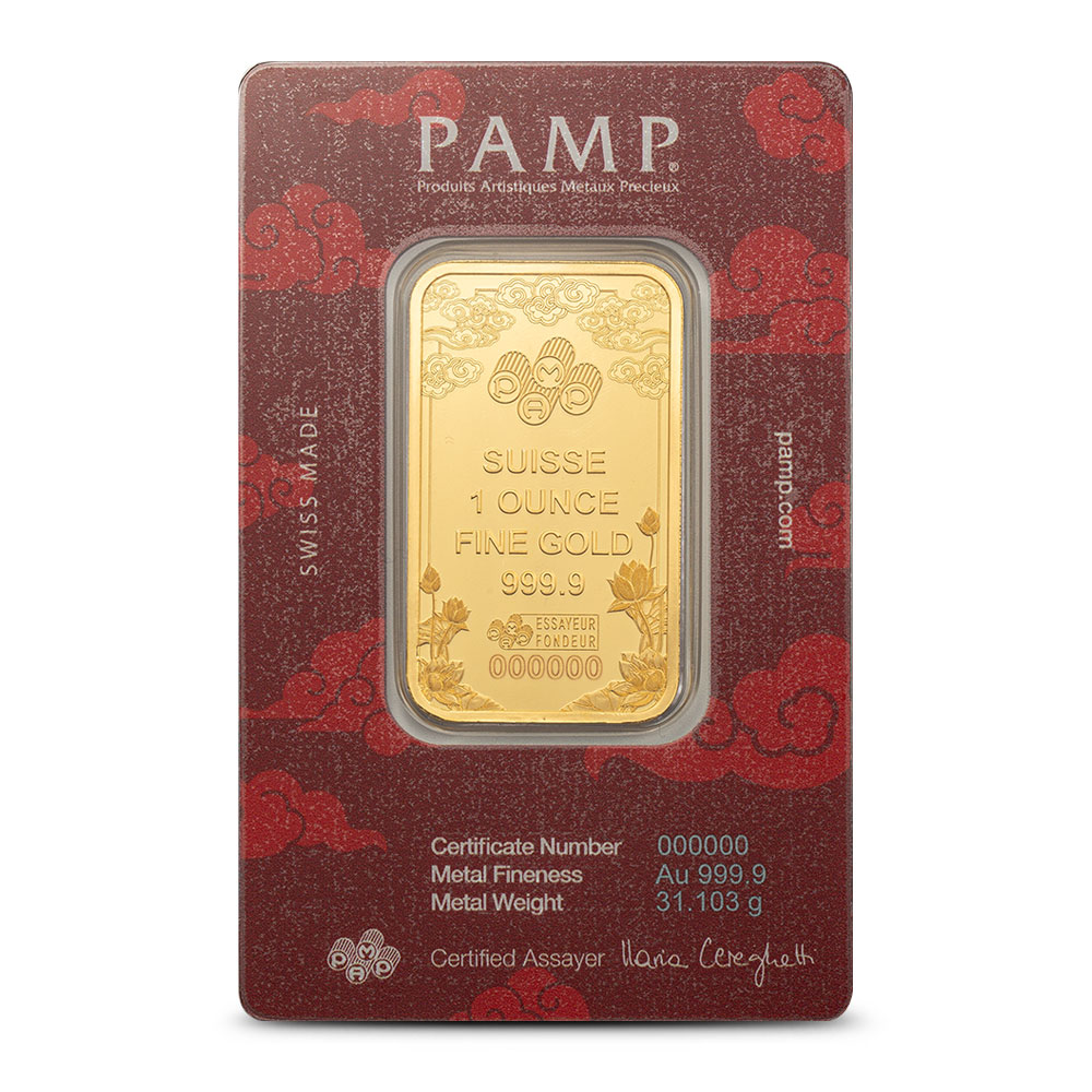 Buy 1 oz PAMP Suisse Gold Good Luck Yellow Dragon Bar (New w/Assay