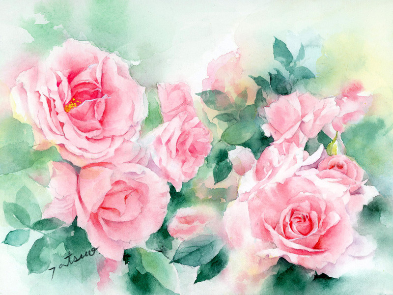 透明水彩画原画美しい薔薇とデルフト焼きの花瓶① 透明水彩画原画