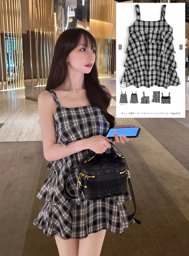 チェック柄ティアードキャミソールミニワンピース[gn471] | レディース