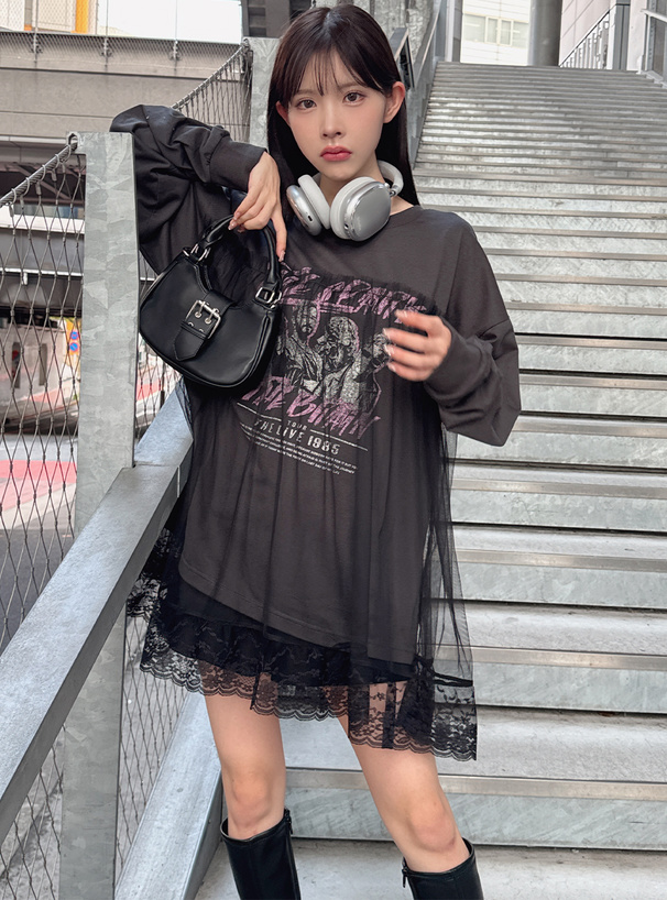 チュールレイヤードバンドプリントロンT[fu201] | レディース