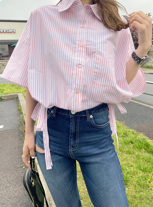ストライプ柄ドロストリボンシャツ[fo1925] | レディースファッション