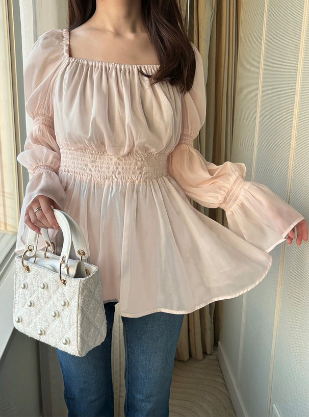 袖2Wayシアーシャーリングペプラムブラウス[fl001] | レディース