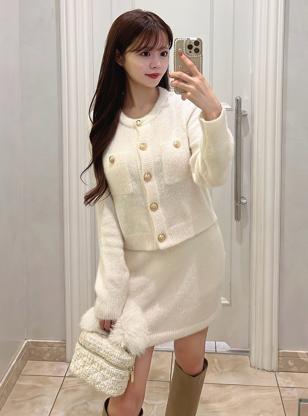 ラメフェザーニットカーディガン×ミニスカートセットアップ[kz617
