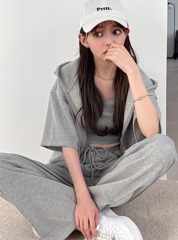 ショート丈パーカー×キャミ×ワイドパンツ裏毛セットアップ[pm229a