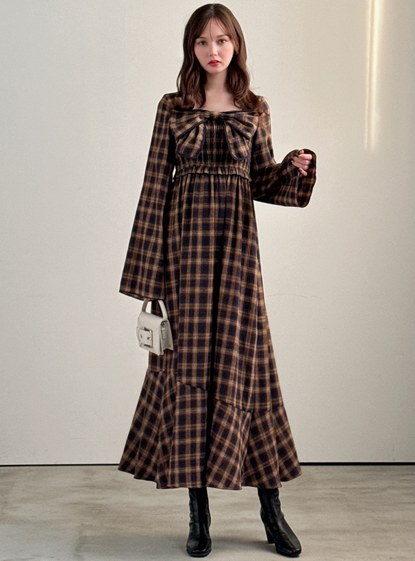 チェック柄リボンフレアロングワンピース[pu44] | レディース