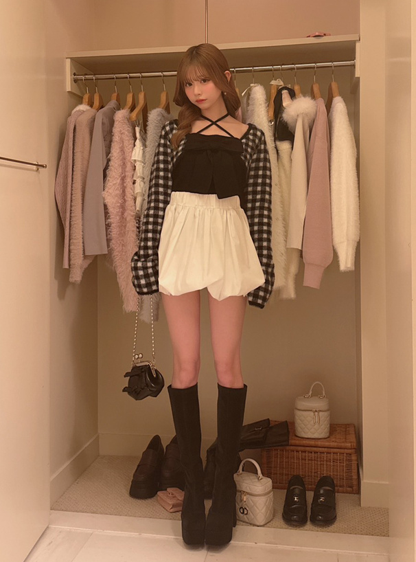 チェック柄シャギーボレロ×ホルターネックリボンキャミソールニット