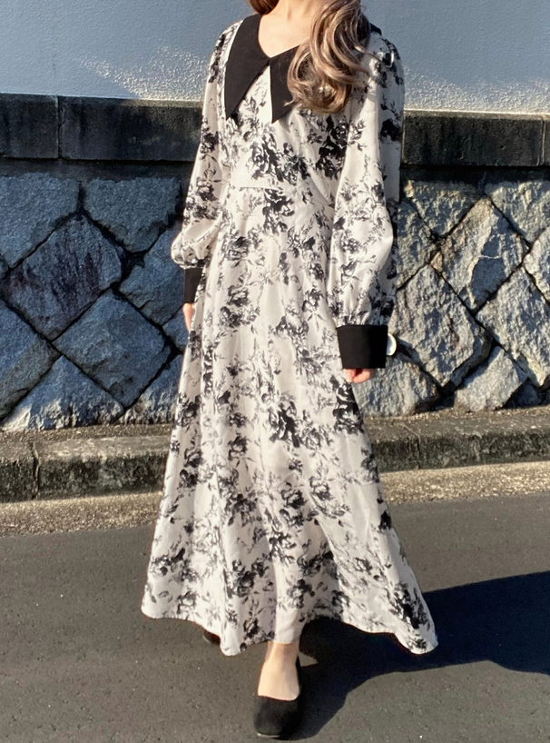 花柄ボリュームスリーブフレアワンピース[tg578] | レディース