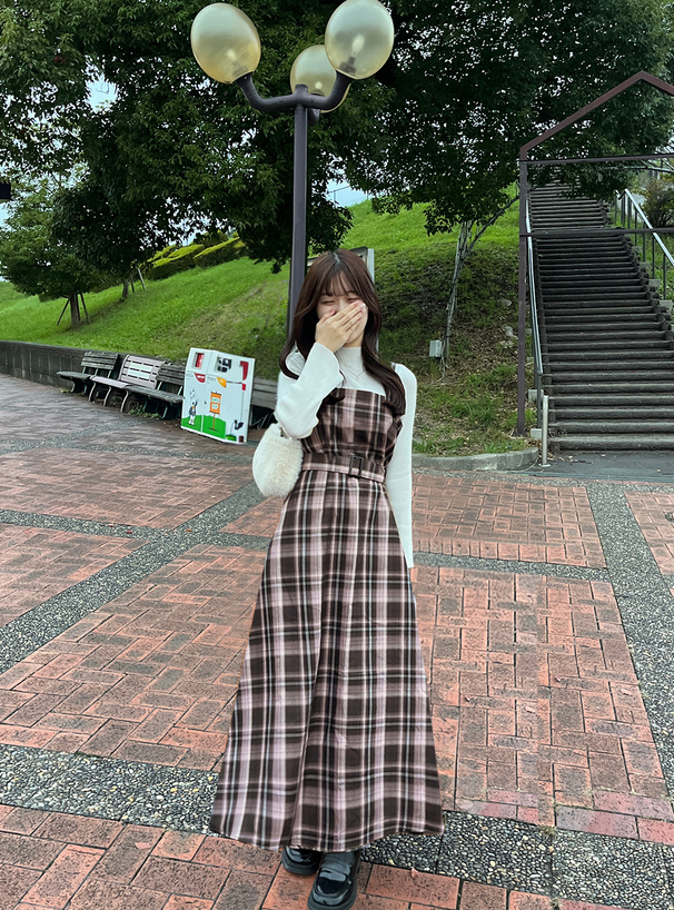 ベルト付きチェック柄フレアキャミワンピース[tg762] | レディース